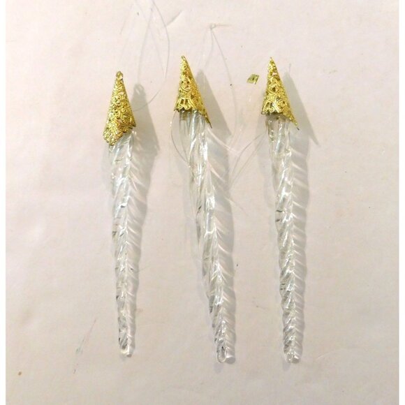 Set of 3 Vintage Icicle Ornaments Gold Metal Top Christmas Holiday Tree 6 Inch - Picture 2 of 5